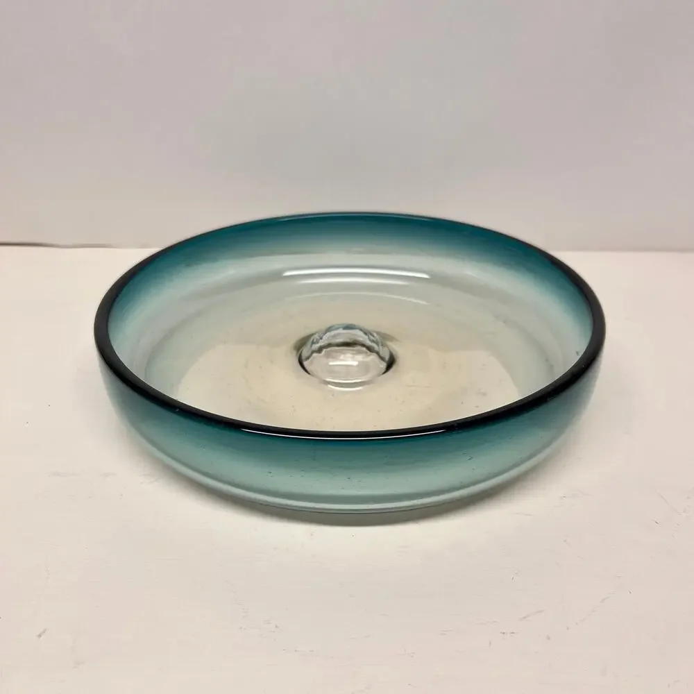 Hand Blown Glass Shallow Bowl in Ombre Teal